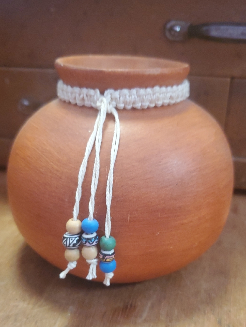 Handmade Pot With For macrame And Colorful Beads Accent D